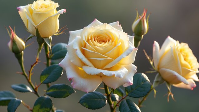Detailed shot of a vibrant yellow rose in full bloom during sunrise