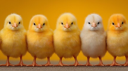 Colorful cartoon chicks lined up, fluffy yellow and one white chick, playful vibe, perfect for spring or Easter themes.