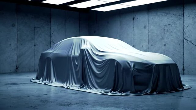 New car presentation with the vehicle covered by a white silk sheet in a modern concrete garage under studio lights
