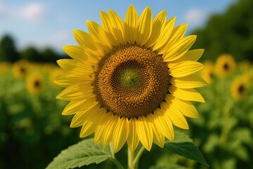 Fototapeta premium Detailed view of a stunning sunflower in a meadow. Sunflower seeds support heart health. Sunflower oil enhances skin vitality.