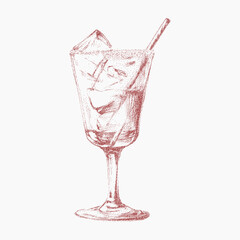 Handcrafted Italian style festive cocktail and aperitivo beverage with vintage ink sketch. Noisy gritty dot halftone effect, retro pop art red stipple illustration.