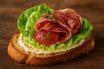 Detailed view of a toasted bread topped with Iberico ham, quince spread, crisp lettuce, and creamy cheese