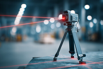 A high-tech 3D laser scanning machine mounted on a tripod is actively scanning an industrial object in a factory setting. Red laser grid lines are visible on the surface. 