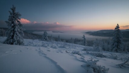 Snowy Forest Landscape with Foggy Valley and Pink Hues at Sunrise