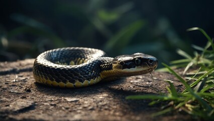 Fototapeta premium Snake with Yellow Scales Coiled on a Stone