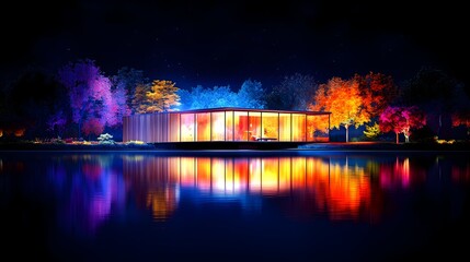 Obraz premium Illuminated lake house, night, colorful trees, reflection, design