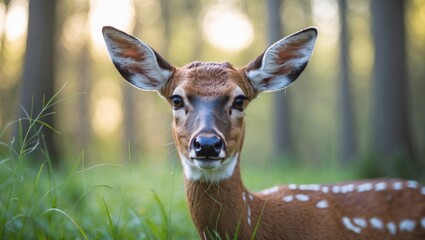 Blurred forest scene featuring a close-up of a deer gazing towards the camera