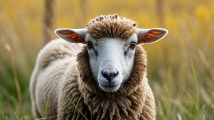 Obraz premium Detailed view of a tiny sheep with a brown and white striped head in a yellow grassy field - uncommon breed