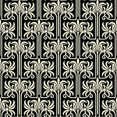 Vintage Art Deco Seamless Pattern. Geometric decorative with leaf texture. Retro background. Black and beige background. Beige leaf. Wallpaper
