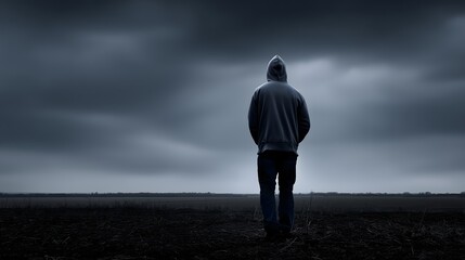 Solitary figure standing against dark clouds, contemplative man gazing into the distance, evoking introspection and solitude, dramatic ambiance.