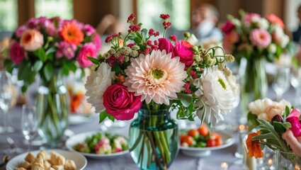 Elegant floral arrangement in a vase at a celebration, featuring a vintage filter and selective focus