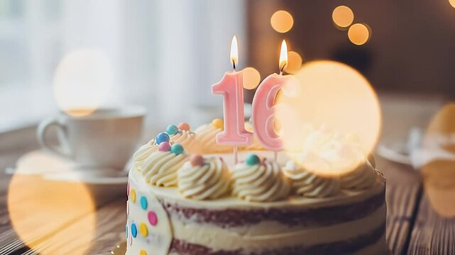 Sweet 16 birthday party vanilla cupcake with pink candle flames and colorful icing