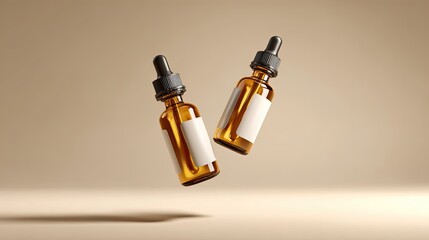 Amber Glass Dropper Bottles Floating on Beige Background