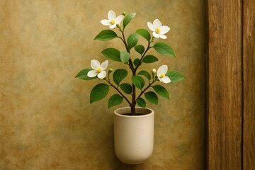 Detailed view of a tiny potted tree mounted on a rustic wall emphasizing vintage nature