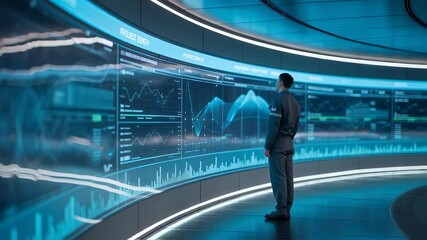 Data Analyst Reviewing Market Trends: A lone figure, dressed in business attire, stands before a large curved screen displaying intricate data visualizations, charts, and graphs.