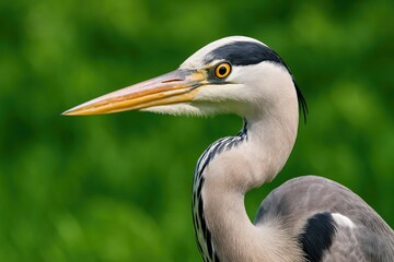 Obraz premium Detailed close-up of a heron against a vibrant green backdrop