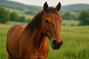 Fototapeta premium Detailed shot of a horse grazing in a field