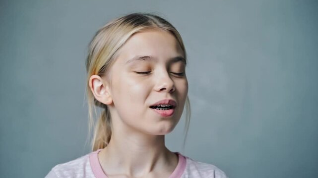 Smiling young girl with blonde hair and braces. She has a cheerful expression and is wearing a light pink shirt. The background is neutral and simple..