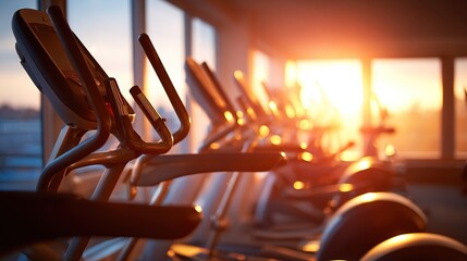 Row of elliptical trainers in a gym bathed in warm sunset light