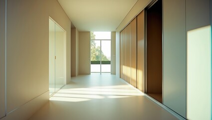 Empty clean bright bedroom with light wooden parquet and white wardrobe with sliding doors. A wardrobe serves as a practical and efficient piece of furniture that maximizes space effectively.