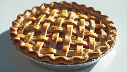 Delicious traditional apple pie displayed against a white background.