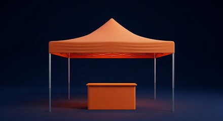 Orange Promotion Tent with a Display Table on a Dark Blue Background