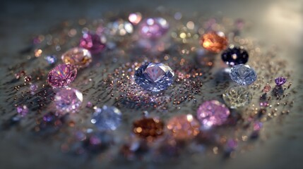 A vibrant jewel collection arranged in a circular pattern, emitting shimmering light and surrounded by floating magical particles.