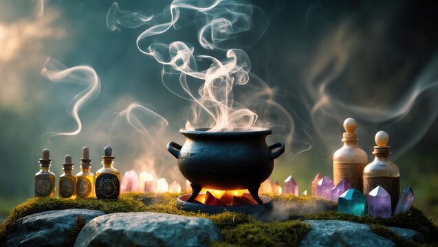 Thick steam rising over a cauldron, enchanted still life with smoke, fantasy header