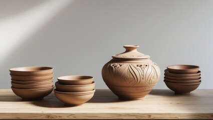 Various clay dishware arranged on a wooden table set against a white background