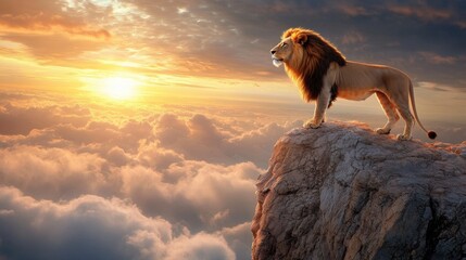 Majestic lion stands on cliff edge overlooking a sea of clouds at sunrise, symbolizing strength, courage, and freedom.
