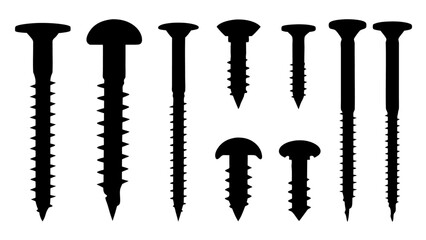 Set of black various screws vector silhouette
