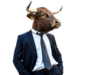 A bull head is placed on a suited man who stands confidently
