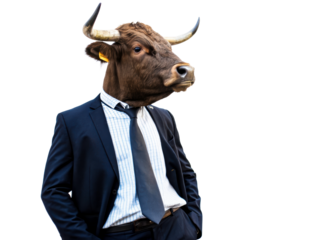 A bull head is placed on a suited man who stands confidently