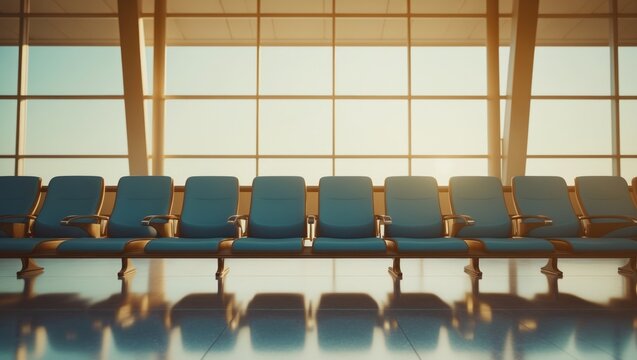 Departure lounge area at airport terminal with vacant Passenger seats. Seating row for boarding at the airport.