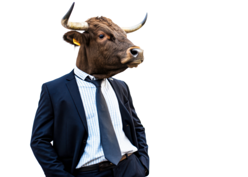 A bull head is placed on a suited man who stands confidently