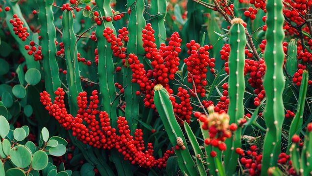 Desert Christmas Cactus with red berries on a cactus, surrounded by green succulents and desert flora.