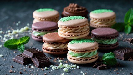 Fototapeta premium French sweet cocoa and vanilla cookies, macarons, and macaroons with crumbs, mint, and chocolate pieces on dark grey stone background. Pastry shop card.