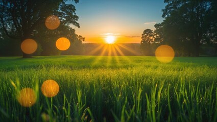 A stunning sunrise over a verdant green meadow, with the sun's golden rays cutting through the fresh morning air. The foreground features tall grass, sparkling with dew.