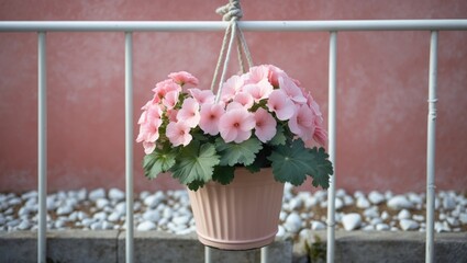 Delicate pink geranium flowers blossom in a decorative pot, suspended from a white iron fence. The lively garden environment enhances the appeal of this tranquil outdoor scene.