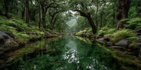 Serene forest landscape with clear water reflecting trees during a quiet morning
