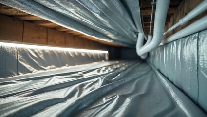 Crawl space fully encapsulated with thermoregulatory blankets and dimple board; radon mitigation system pipes visible, located in basement for energy-saving home improvement.