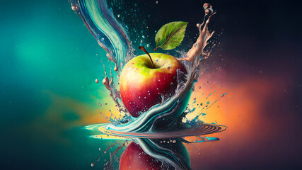 A vibrant surreal illustration of a red and green apple splashing into water with dynamic swirls and vivid colors, combining realism and fantasy in a futuristic concept.