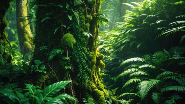 Epiphytes thriving on a Nikau Palm stump at the beginning of the Heaphy Track, Karamea, New Zealand