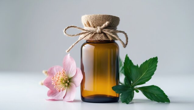 Althaea Officinalis Herb Plant Essential Oil or Medication Extract in a Medicinal Bottle, along with Marsh-Mallow, Marsh Mallow, or Common Marshmallow, isolated on a white background.