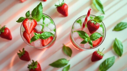 Food and drink, holidays party concept. Cold fresh alcohol beverage mojito cocktail in glasses with soda, red strawberry and basil for refreshment in summer days. Top view background.