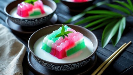 Es Selendang Mayang. A traditional Jakarta, Indonesia dessert drink made from rice flour pudding served with coconut milk and sweet syrup.
