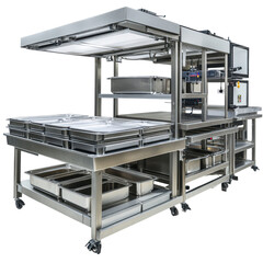 Modern Stainless Steel Food Preparation Station with Multiple Shelves and Containers for Efficient Kitchen Workflow on transparent background