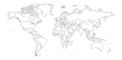 World Map Outline – Minimal Black and White Line Illustration of Global Continents