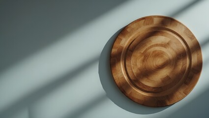 Empty wooden round board on bright kitchen table. Wooden pizza platter, Long banner format. top view.