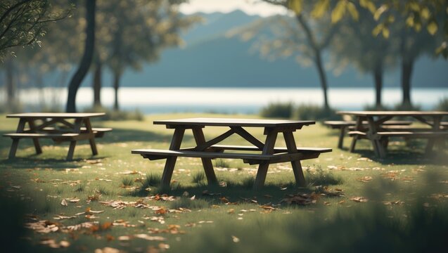 Empty wooden picnic tables in a peaceful park environment, perfect for outdoor gatherings and relaxation on a sunny day